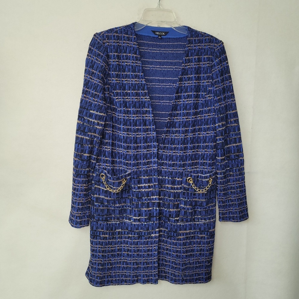 MISOOK‎ Womens Small Blue Knit Tweed Jacket Gold Chain Pockets Career Designer